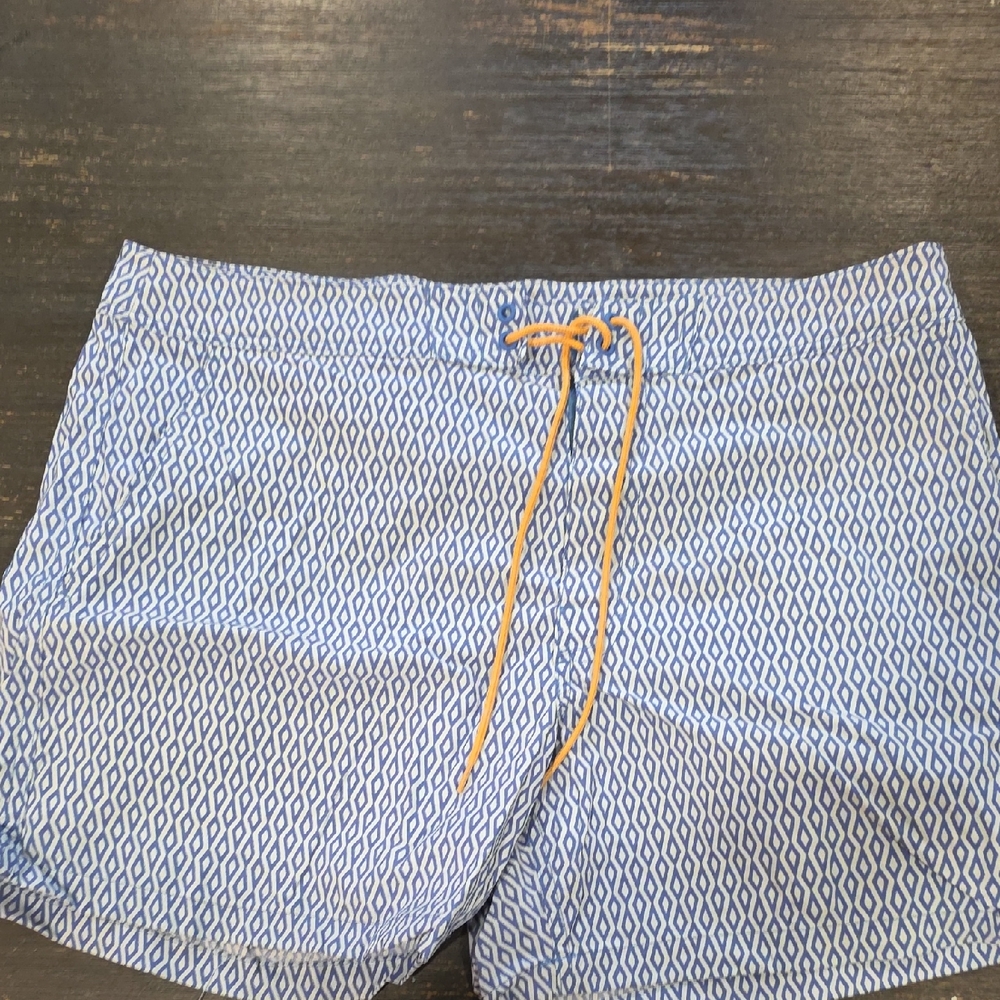 J. Crew Blue Geometric Swim Shorts with Orange Drawstring